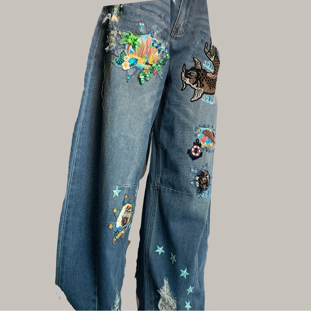 Upcycled Embroidered, Patched, and Distressed Barrel Jean with a Caribbean Theme - Picture 3 of 14